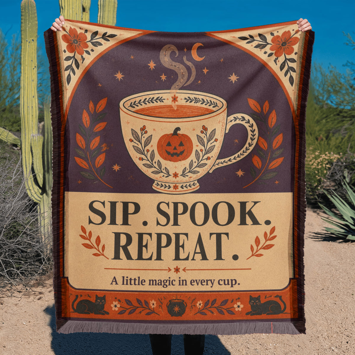 Cozy Halloween "Sip. Spook. Repeat." Printed Woven Blanket